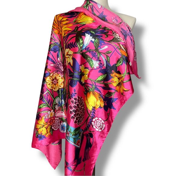 Bright Pink Floral Scarf Horses Birds Maximalist Polyester Square Vibrant Colors - Picture 1 of 13